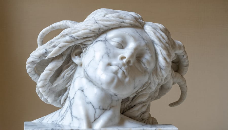 Close-up of marble sculpture surface showing interplay of light and shadow on carved stone