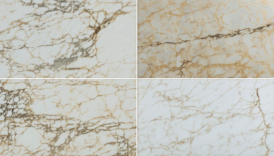Side-by-side comparison of coffee, wine, and oil stains on marble before and after treatment