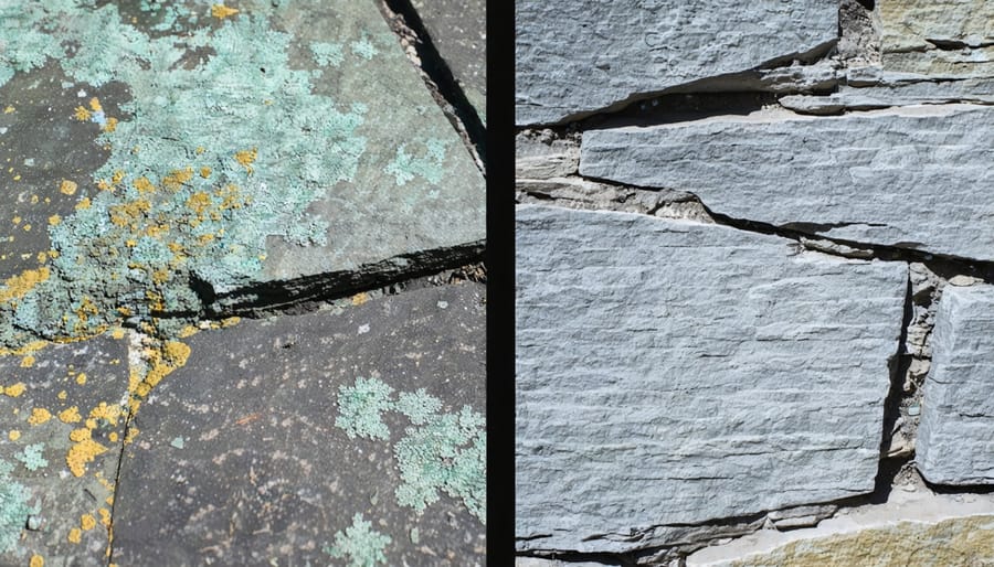Side-by-side comparison showing healthy versus damaged lichen growth on stone surfaces near mining sites