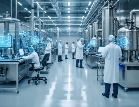 A modern pharmaceutical production facility showcasing advanced machinery and digital control systems, with scientists and technicians supervising the manufacturing processes.