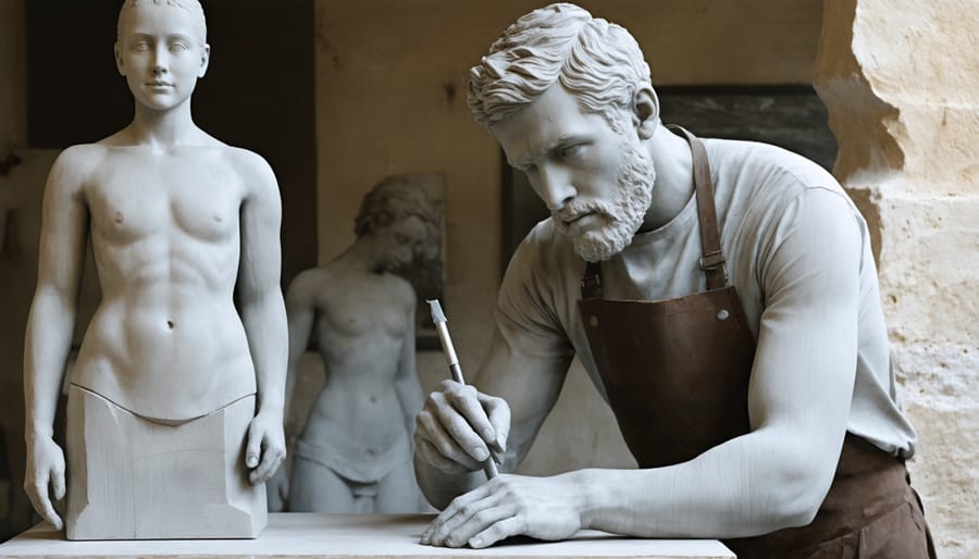 Stone sculptor working with traditional tools alongside modern 3D scanning technology