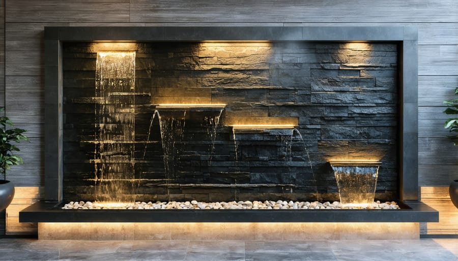 Contemporary slate wall fountain with water flowing over textured surface