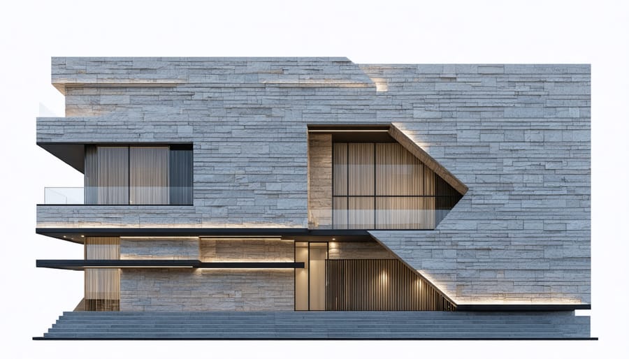 Contemporary architecture showcasing advanced stone facade with complex geometrical patterns