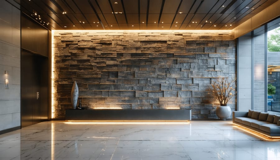 Contemporary commercial space with backlit stone art wall installation