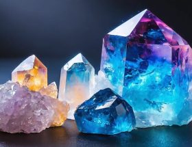 Artistic depiction of a mood stone showcasing vibrant color changes, with thermochromic liquid crystals encased in quartz or glass, symbolizing the blend of ancient healing and modern wellness.