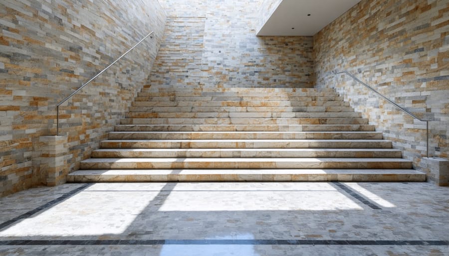 Large-scale natural stone mosaic artwork integrated into museum architecture