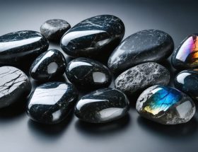 A diverse collection of polished obsidian stones in various colors, showcasing classic black, mahogany brown, and iridescent rainbow sheens, emphasizing their natural gloss and reflection.