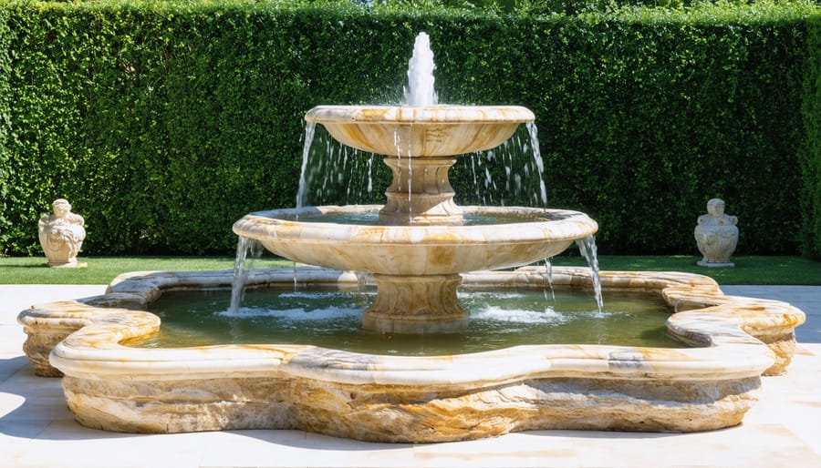 A large, hand-carved natural stone fountain with tiered basins, made from limestone, granite, and marble, nestled within a lush, landscaped garden. The fountain features flowing water and showcases the intricate veining and color variations of the stone.
