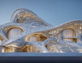 A futuristic building facade featuring an intricate pattern of stone elements created through parametric design, illustrating the seamless blend of traditional and modern architectural techniques.