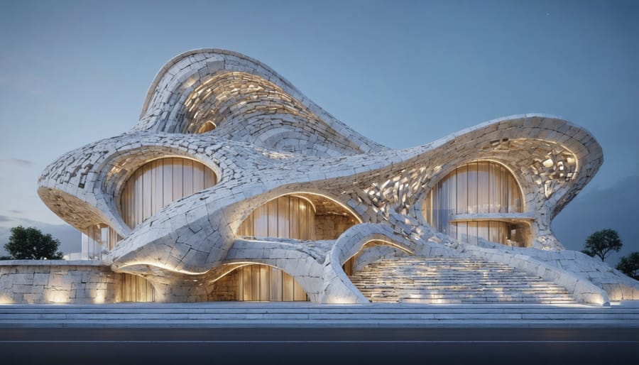 A futuristic building facade featuring an intricate pattern of stone elements created through parametric design, illustrating the seamless blend of traditional and modern architectural techniques.