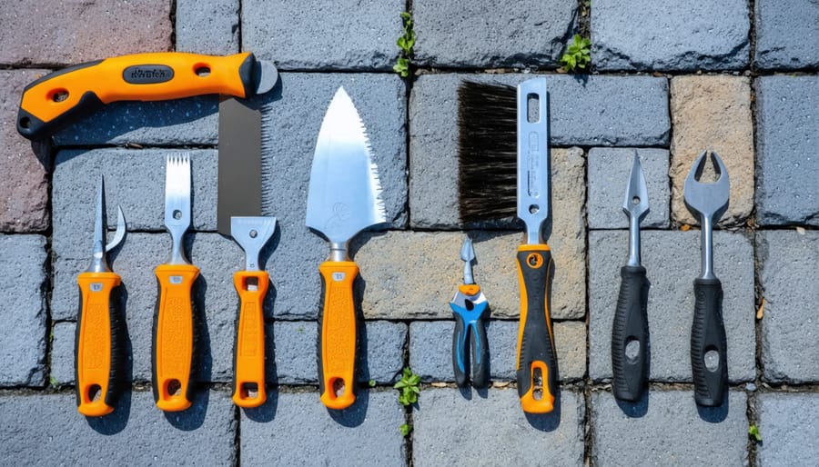 Collection of tools and materials needed for paving stone joint repair
