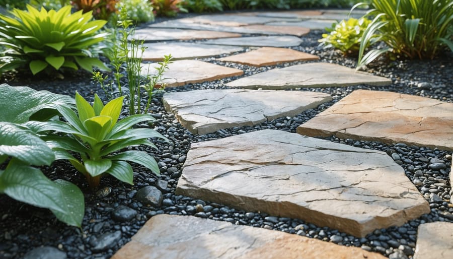 Natural stone permeable pathway allowing water drainage, bordered by native vegetation