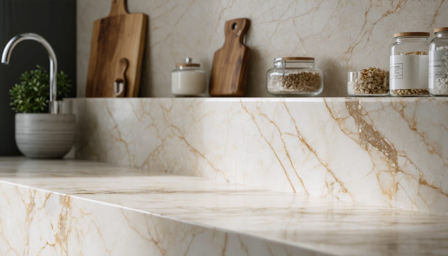 Detailed view of quartz countertop surface highlighting scratch and stain resistance