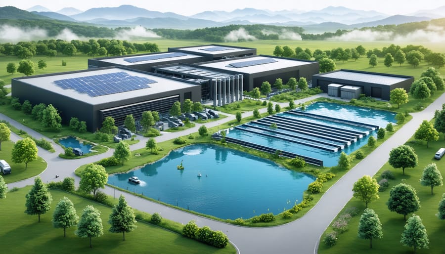 Sustainable stone manufacturing facility with closed-loop water recycling system and solar panels, set within a green landscape symbolizing environmental stewardship.