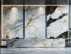 A modern kitchen showcasing engineered quartz, porcelain slabs, and solid surface materials as elegant alternatives to natural stone.