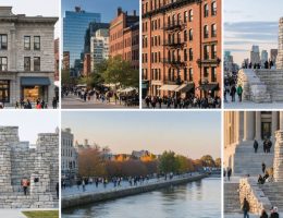A collage depicting the role of stone craftsmanship in urban revitalization, featuring a blend of historic and modern architecture, intricate stone masonry, and thriving public spaces.