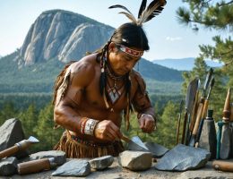 A Native American craftsman in traditional garb demonstrating stone tool-making techniques with Stone Mountain's majestic granite backdrop, illustrating the fusion of ancient practices with contemporary celebration.