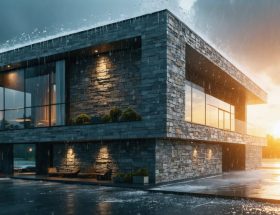 A modern building with a stone facade resiliently standing against heavy rain on one side and intense sunlight on the other, representing the durability and environmental adaptability of natural stone.