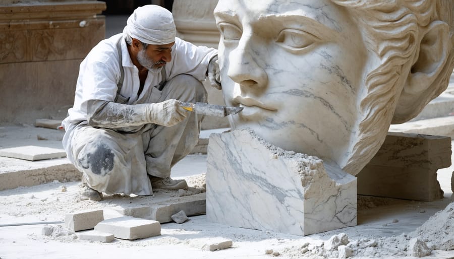 Artist carefully carving detailed features into white marble using chisels and hammers