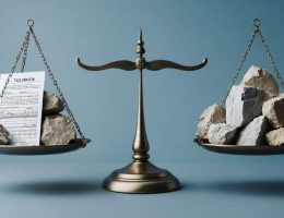 A conceptual illustration of two identical stone quarries on a scale, one side weighed down by complex tax forms and the other with inconsistent tax practices, symbolizing tax disparity in the natural stone industry.