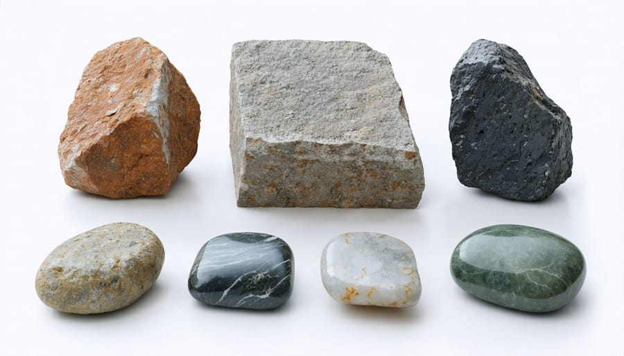 Display of meditation stones featuring various colors, textures, and finishes