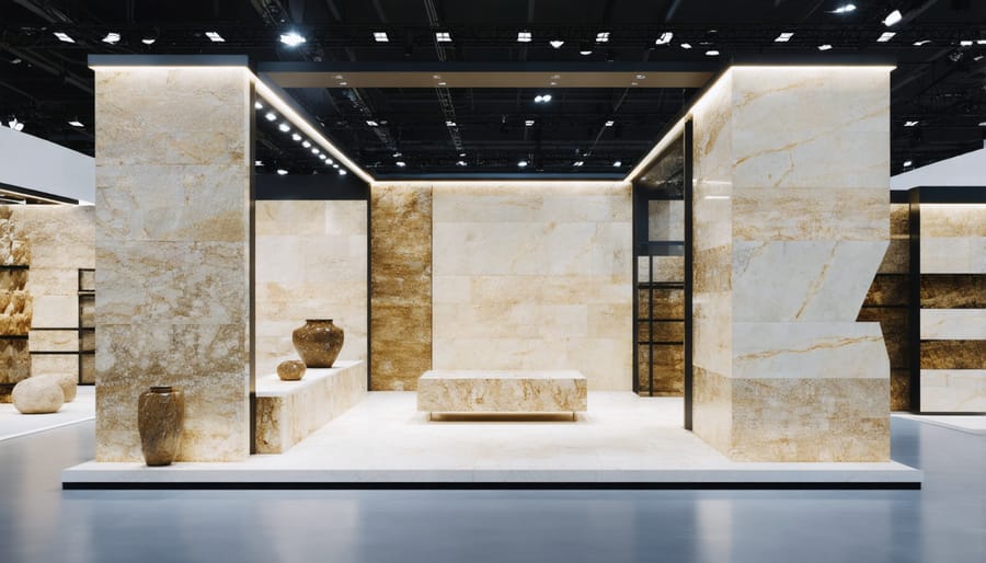 Large exhibition hall displaying contemporary stone products and craftsmanship at international trade show