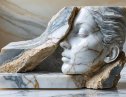 Close-up view of a marble block being transformed into a detailed stone sculpture, showcasing the natural veining and patterns within the stone.
