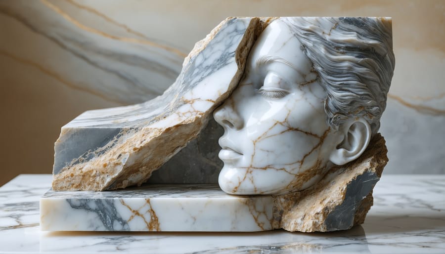 Close-up view of a marble block being transformed into a detailed stone sculpture, showcasing the natural veining and patterns within the stone.