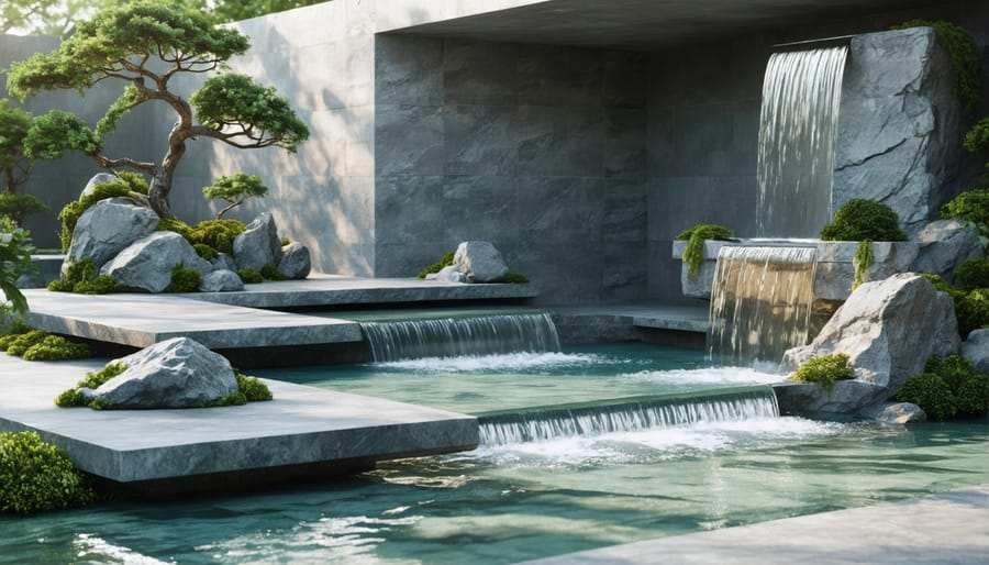 Contemporary meditation water feature made from polished granite with cascading water