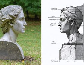 A split-view of a stone sculpture demonstrating its transformation over decades of natural weathering, with the left side showing the original smooth surface and the right side displaying intricate textures and patterns from environmental exposure.