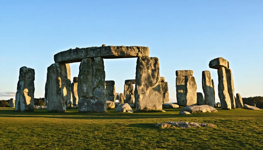 Stonehenge monument at dawn with celebrants gathering during summer solstice festival