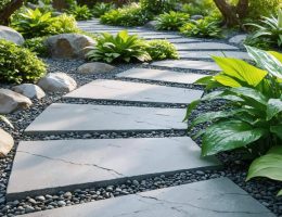 A scenic view of a sustainable landscape featuring a permeable stone path bordered by native plants, illustrating effective water management and biodiversity support through the use of natural stone.