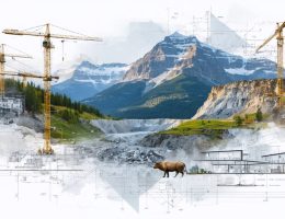 A conceptual collage depicting sustainable stone sourcing, showcasing a mountain quarry, wildlife, technological equipment, and architectural plans, symbolizing the blend of environmental responsibility and modern construction.
