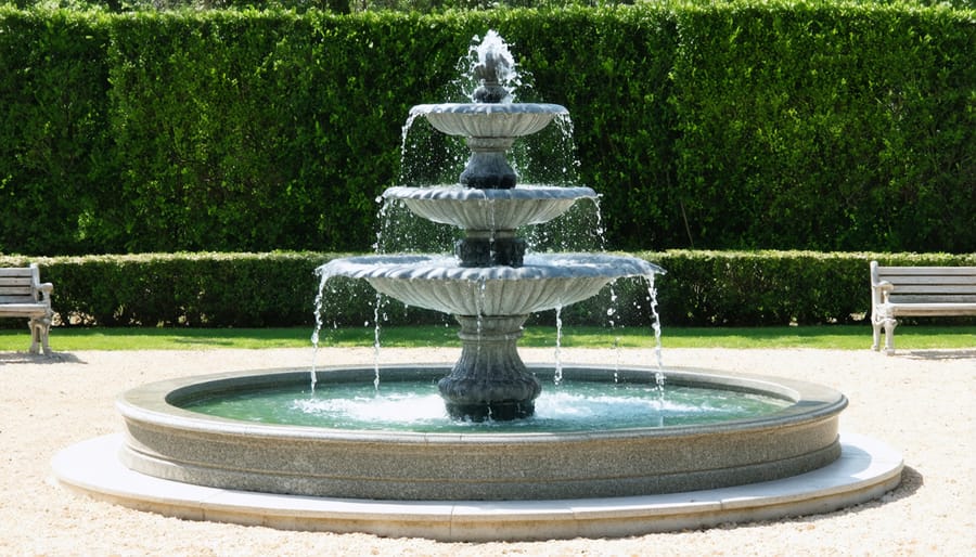 Large granite tiered fountain with cascading water in a landscaped garden