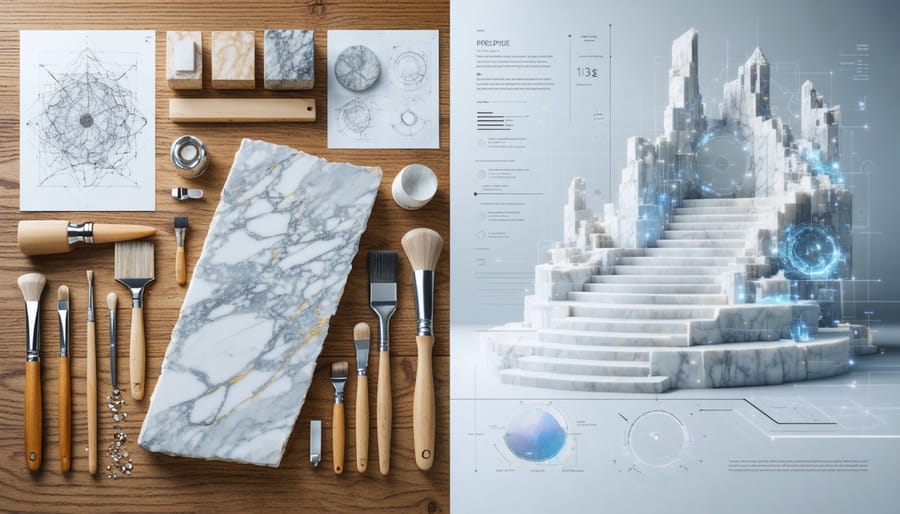 A split-screen image contrasting traditional hand-drawn stone design plans with advanced AI-powered generative design software interface highlighting modern marble pattern generation.