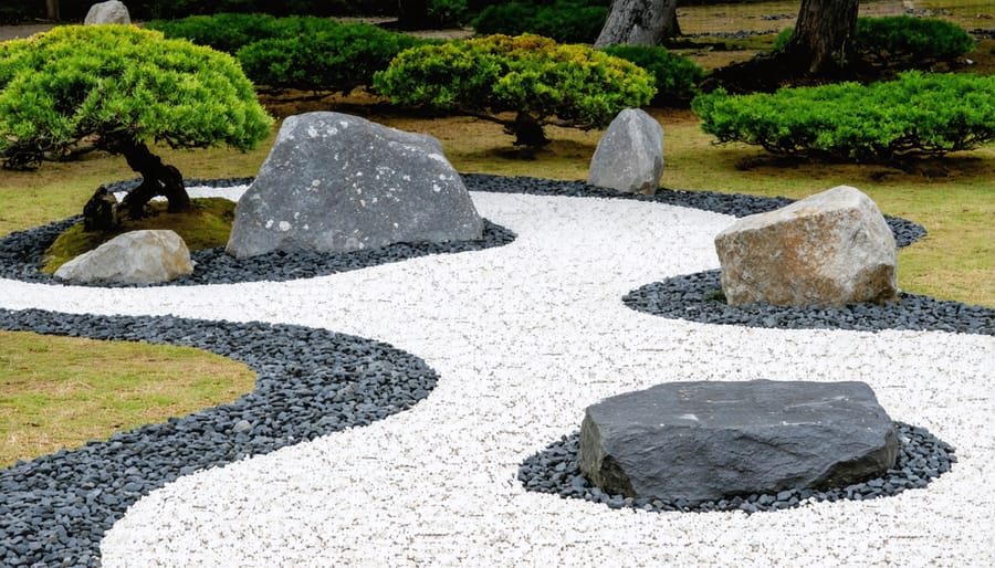 Peaceful Zen garden featuring meticulously arranged natural stones and raked sand patterns