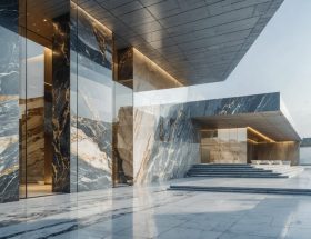 "An artistic representation of modern architecture featuring diverse natural stone patterns like marble veining, slate layering, and granite crystalline structures, illustrating their transformative effect on contemporary building facades."