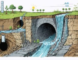 Conceptual illustration depicting the environmental impact of subsurface mining, including fractured rock formations, disrupted groundwater systems, and representations of sustainable mining practices.