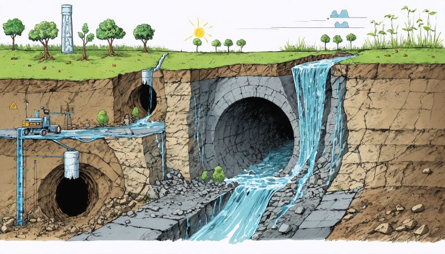 Conceptual illustration depicting the environmental impact of subsurface mining, including fractured rock formations, disrupted groundwater systems, and representations of sustainable mining practices.