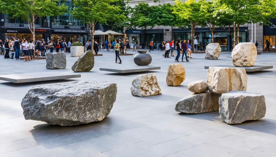 Urban plaza with modern natural stone sculptures, featuring people interacting with and admiring the varied textures and colors of the installations, accentuated by dynamic play of light and shadow.