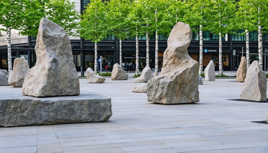 Public space with multiple stone sculptures integrated into landscape design