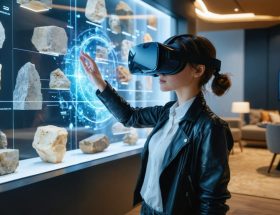 A designer wearing a VR headset interacts with a virtual display of natural stone options in a modern living room, illustrating the use of virtual reality in stone selection.