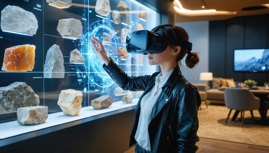 A designer wearing a VR headset interacts with a virtual display of natural stone options in a modern living room, illustrating the use of virtual reality in stone selection.