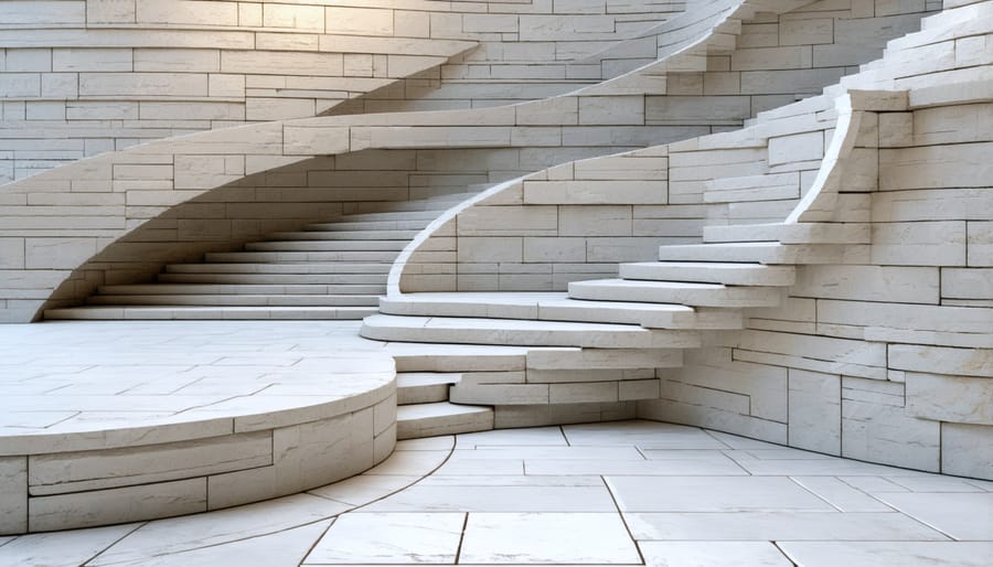 Virtual reality interface demonstrating stone pattern mapping technology on various architectural surfaces