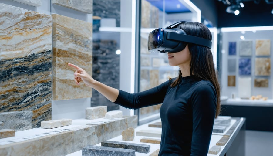 Designer using virtual reality headset to browse digital stone samples in an immersive virtual environment