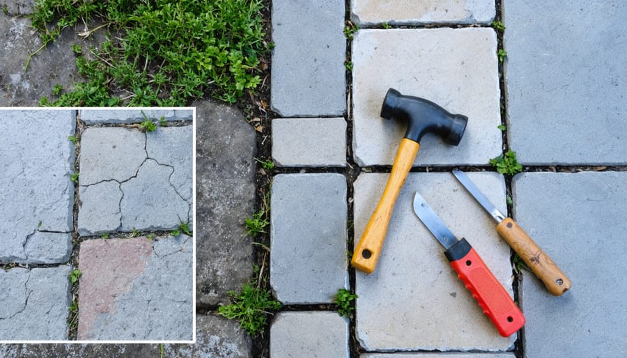 Aerial view of a stone patio with neatly maintained joints and an inset of deteriorated paving stones showing weeds and cracks; maintenance tools like a rubber mallet and joint knife are subtly displayed.