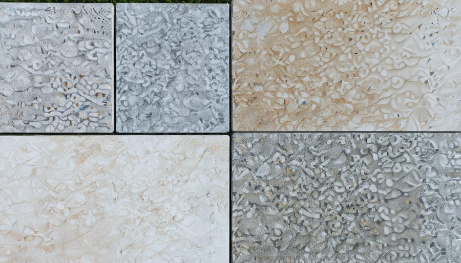 Split image showing the difference between traditional stone finishing (left) and z-pattern finishing (right) on granite surfaces