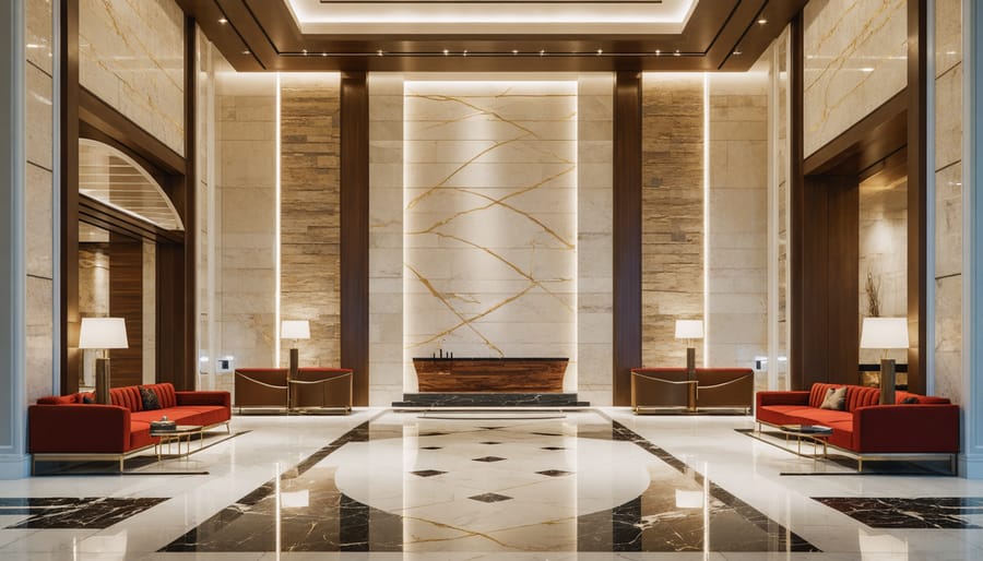 Modern hotel lobby showcasing large-scale application of z-pattern finished granite walls and flooring