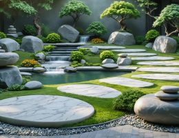 A peaceful Zen garden featuring natural stones, a flowing water feature, and a meditative walking path surrounded by lush greenery and soft lighting.