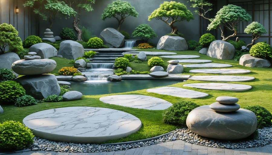 A peaceful Zen garden featuring natural stones, a flowing water feature, and a meditative walking path surrounded by lush greenery and soft lighting.